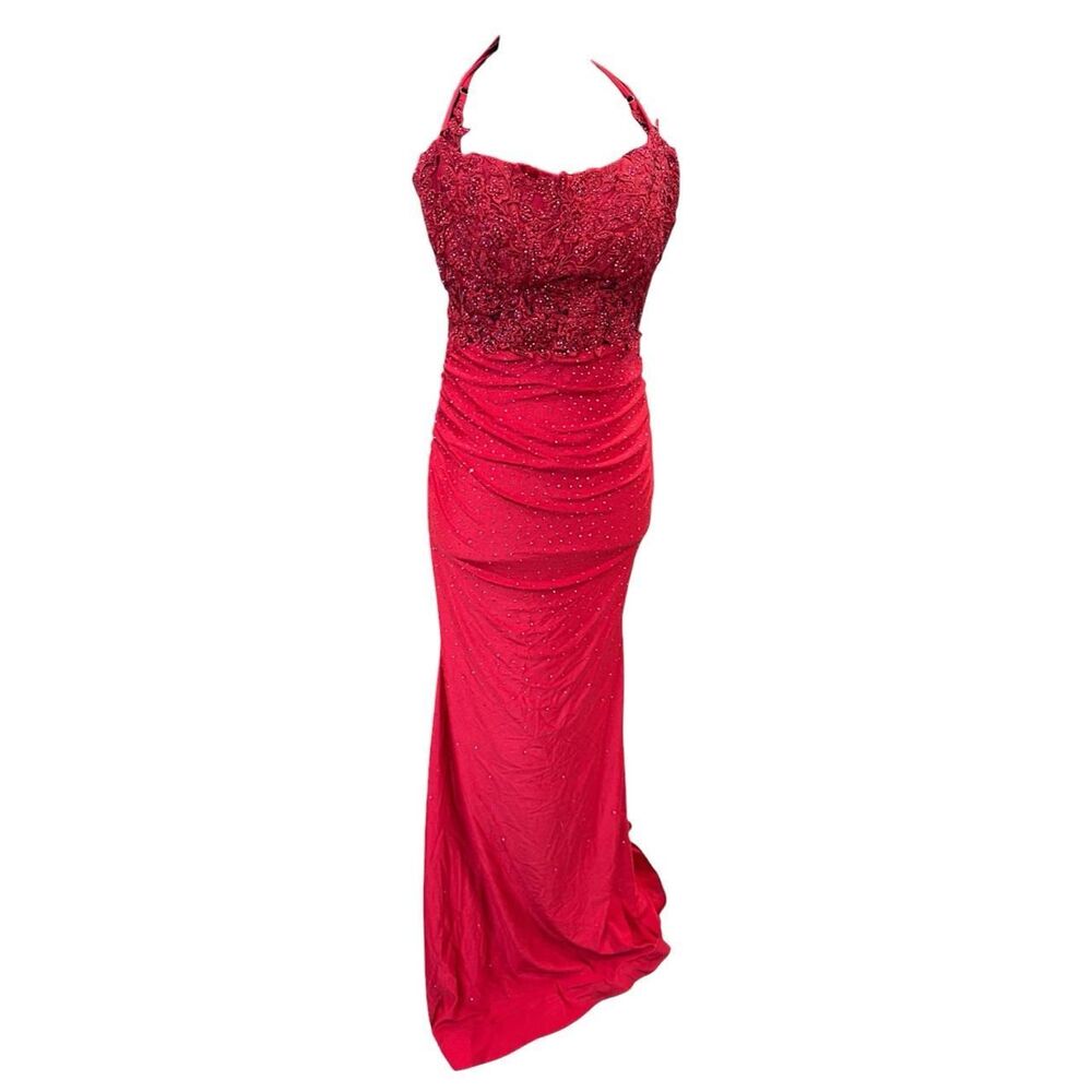 Red beaded halter maxi dress with sequin embellishments on the bodice, size 4